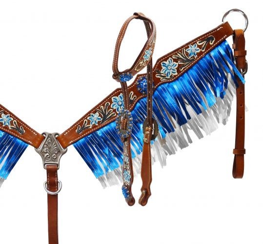 Blue White Floral Tooling Headstall & Metallic Fringe Breast Collar SET Rein NEW