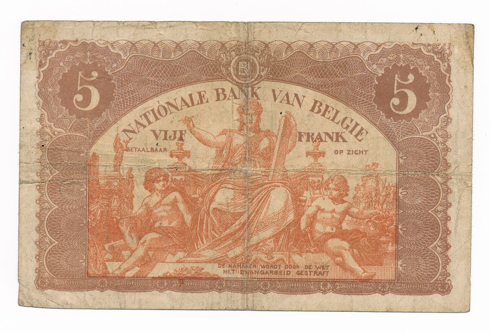 Belgium 5 Francs 1919 P.  74 Fine Note