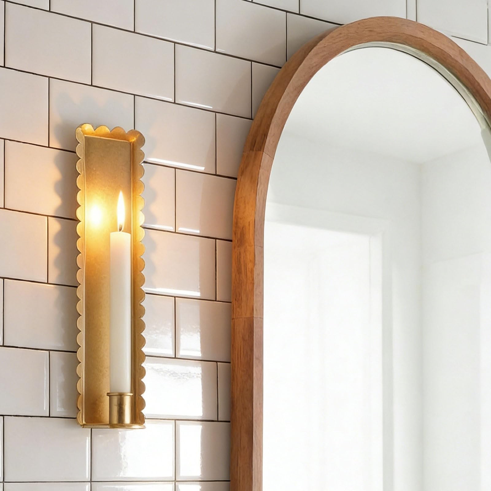 Gold Wall Candle Sconces Set of 2, Scalloped Edge Box-Shaped Cast Iron Farmho...