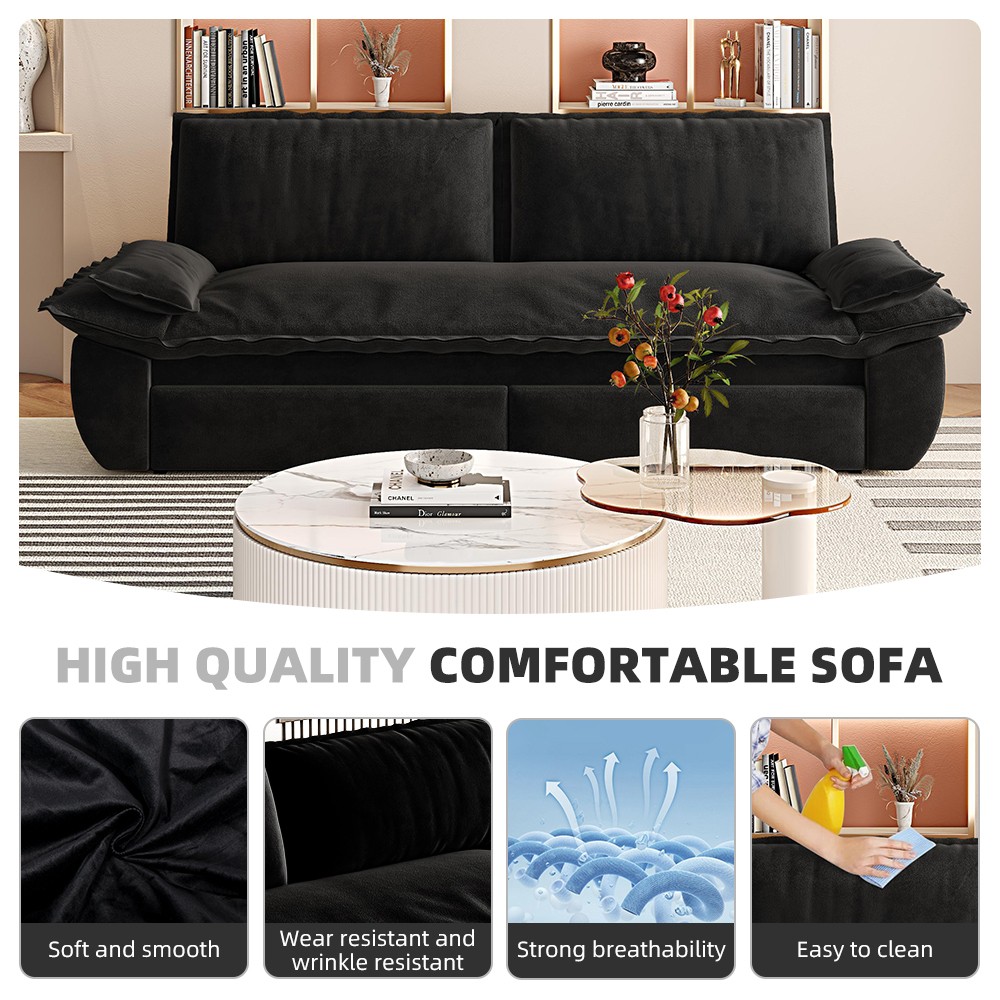 Queen Sofa Bed Pull Out Sleeper 3-in-1 Convertible Velvet Loveseat Black