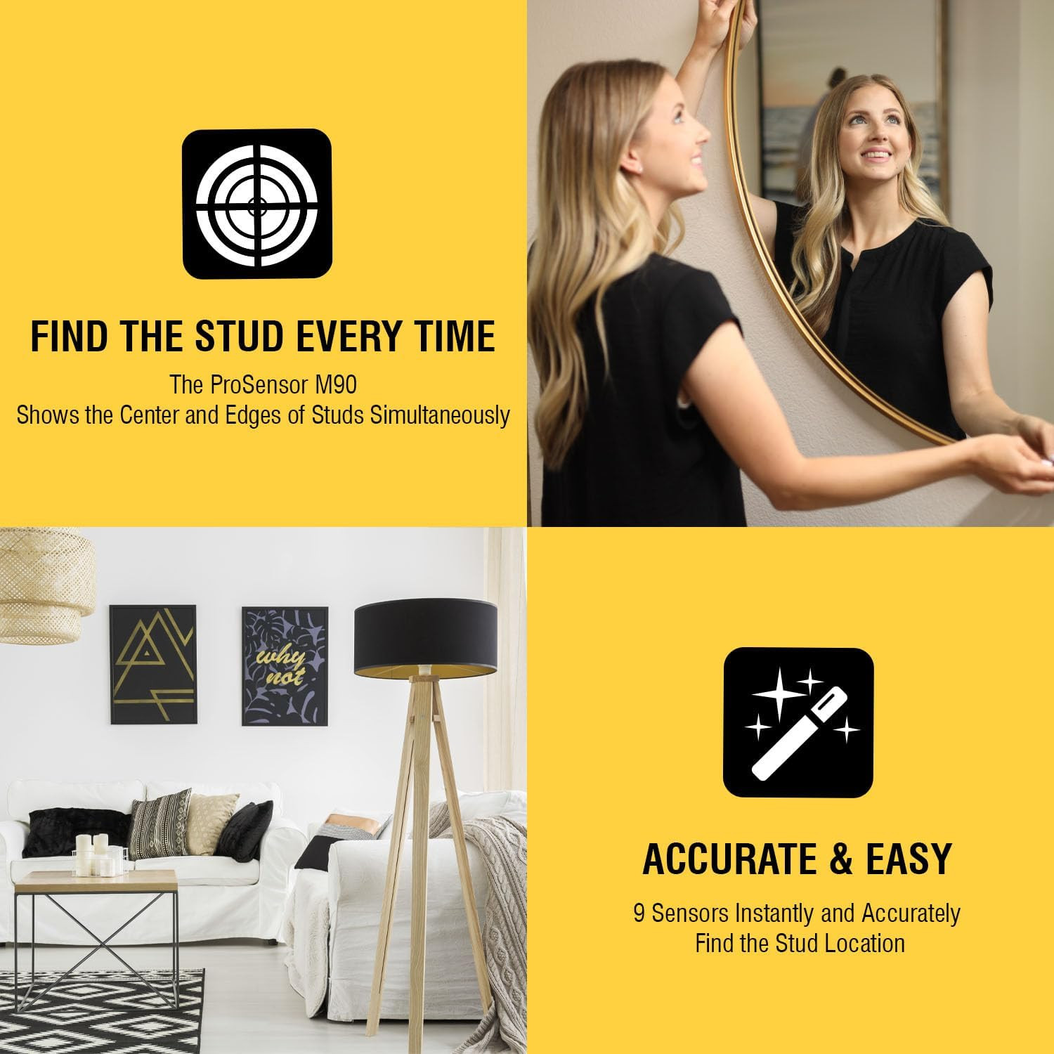 Prosensor M90 Stud Finder, 9-Sensor Wall Scanner | Wood and Metal Stud Detector,