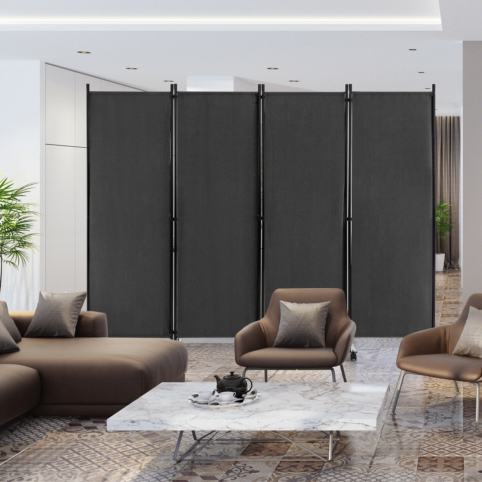 4-Panel Folding Room Divider 6FT Rolling Privacy Screen w/ Lockable Wheels Grey