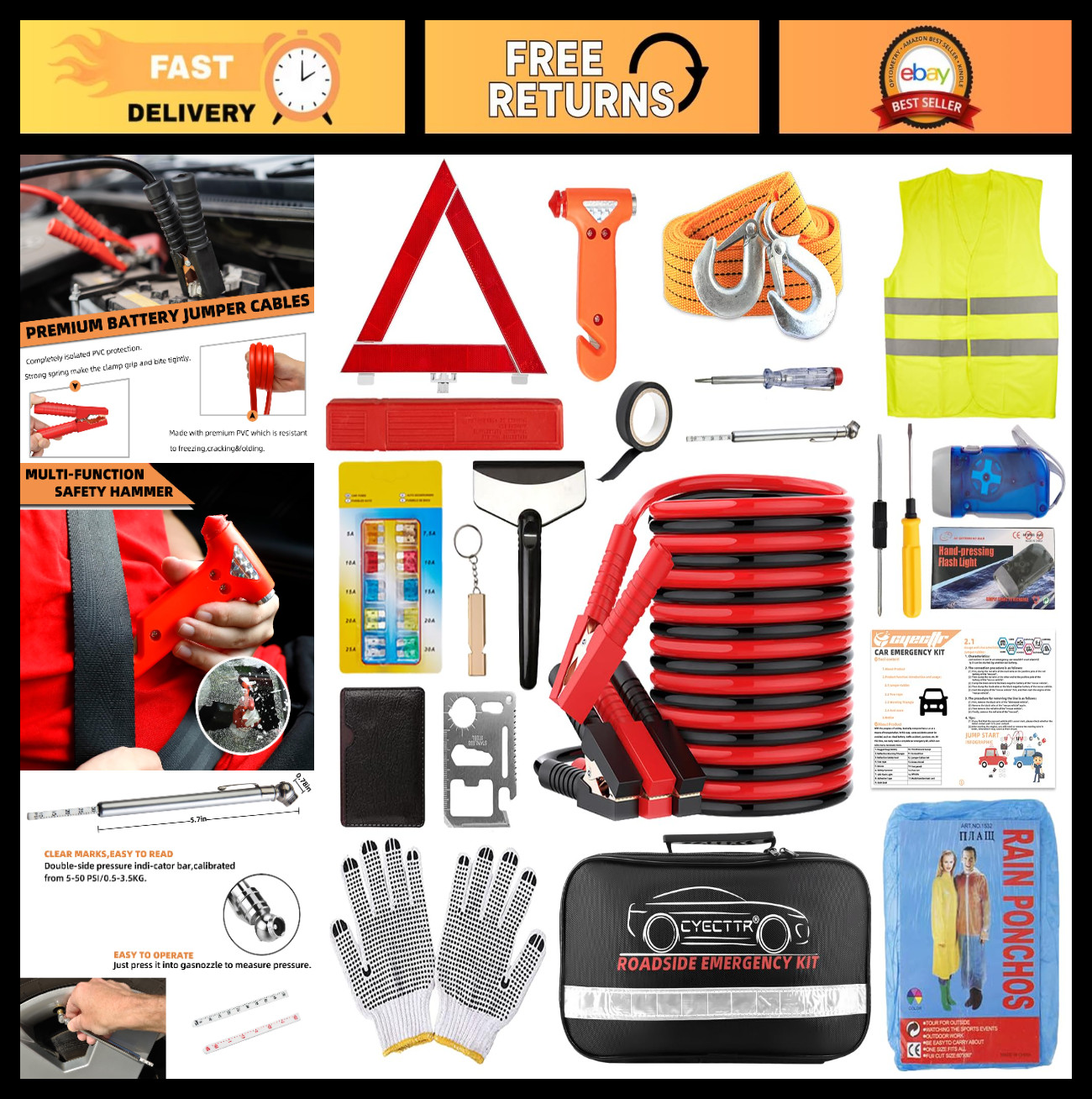 Emergency Roadside Kit for Cars & Trucks - Jumper Cables, Safety Hammer, Triangl
