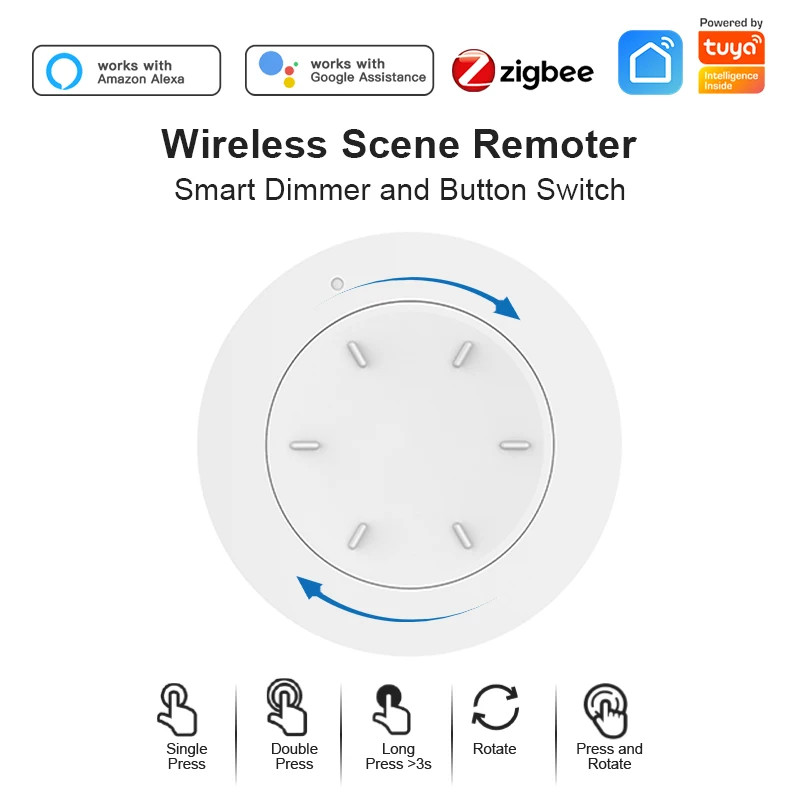 Tuya ZigBee Smart Knob Switch Dimmer Wireless Scene Linkage Push Button Remoter