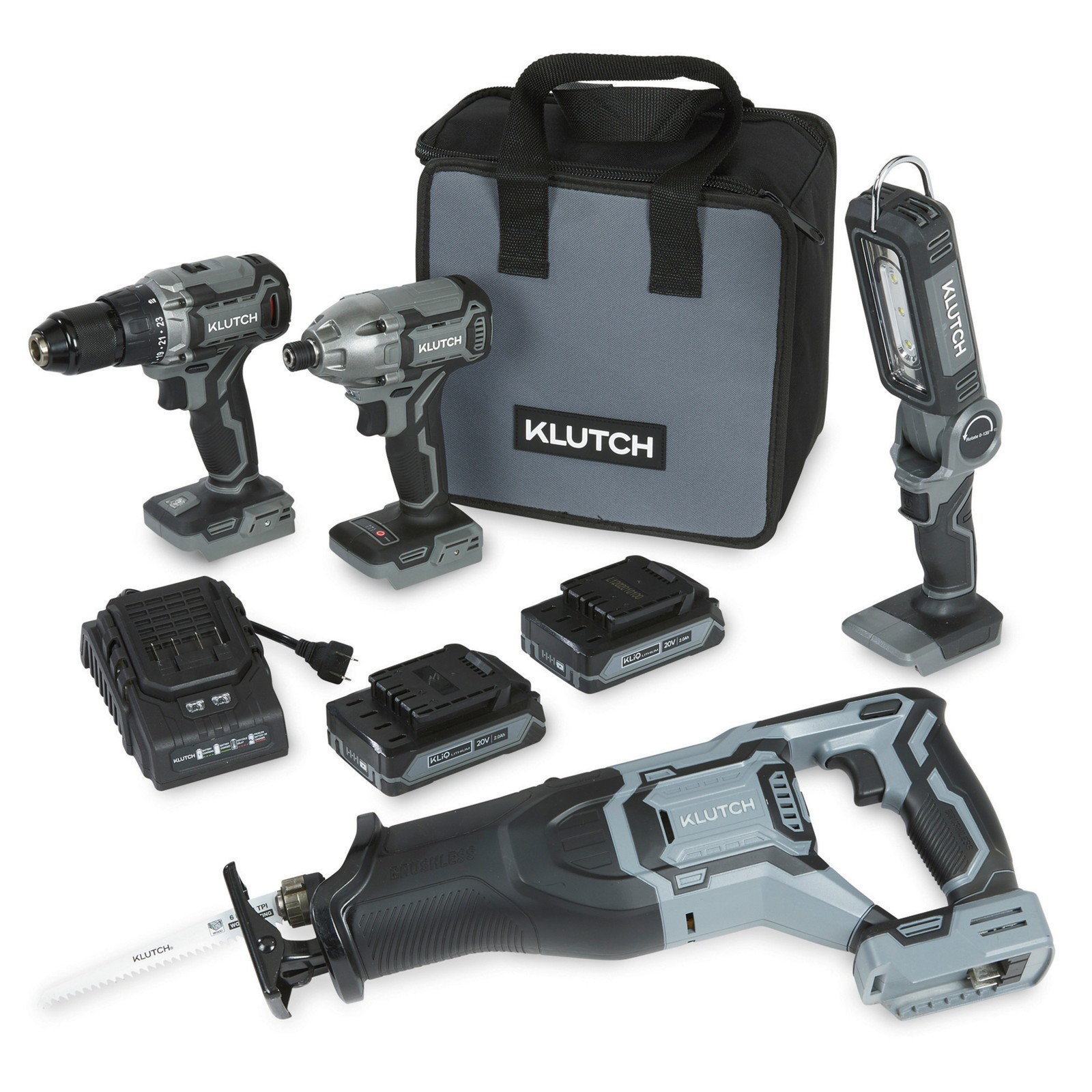 Klutch 1/2in. Drill/Driver and 1/4in. Impact Driver Combo Kit, Plus Worklight