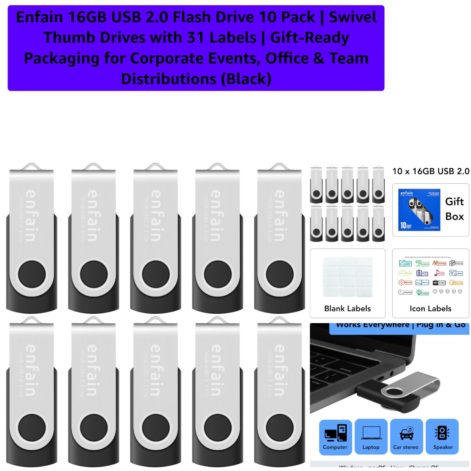 16GB USB 2.0 Flash Drive 10 Pack | Swivel Thumb Drives with 31 Labels | Gift-...