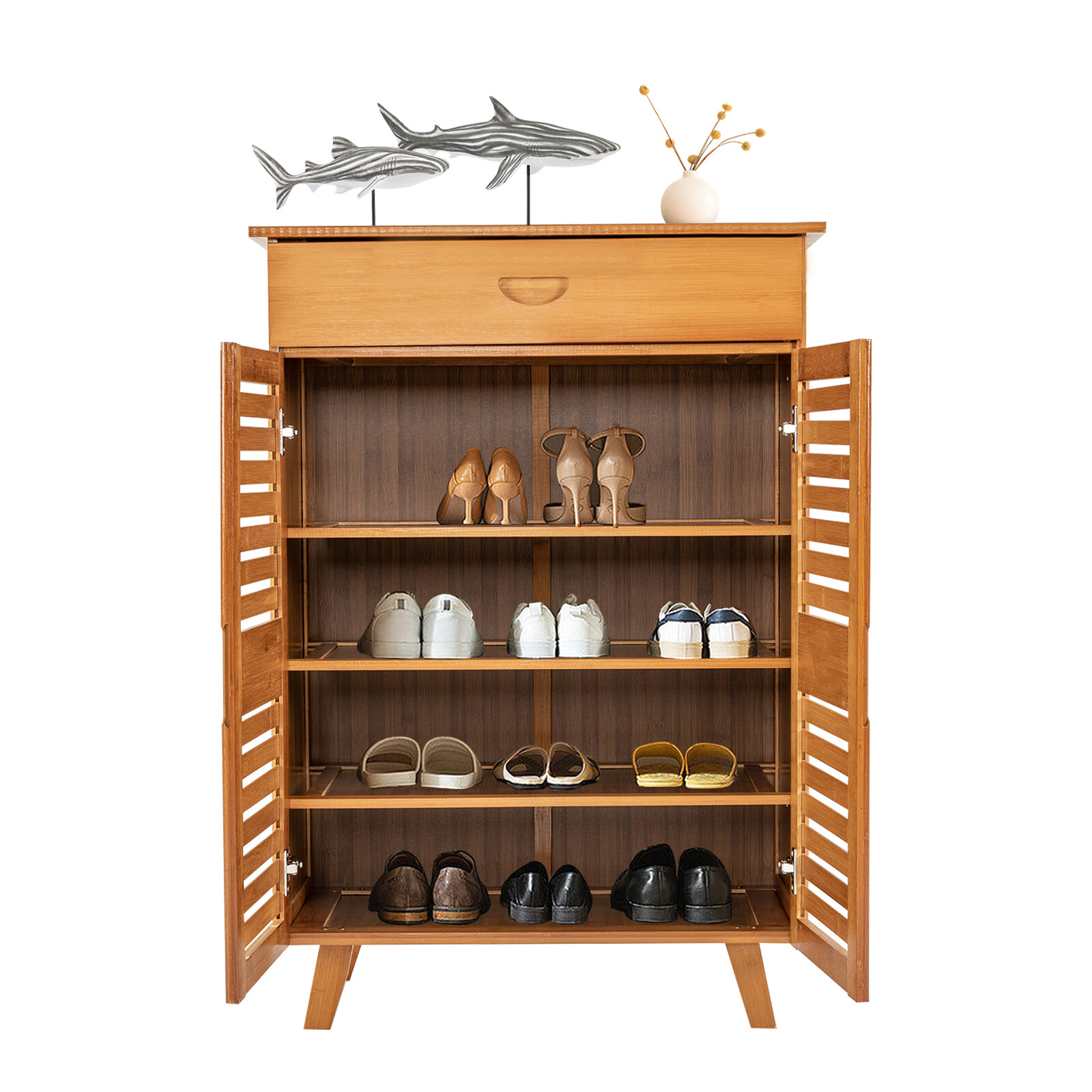 4-Tiers Bamboo Shoe Cabinet Entryway Hallway Rectangular Shoe Storage Cabinet