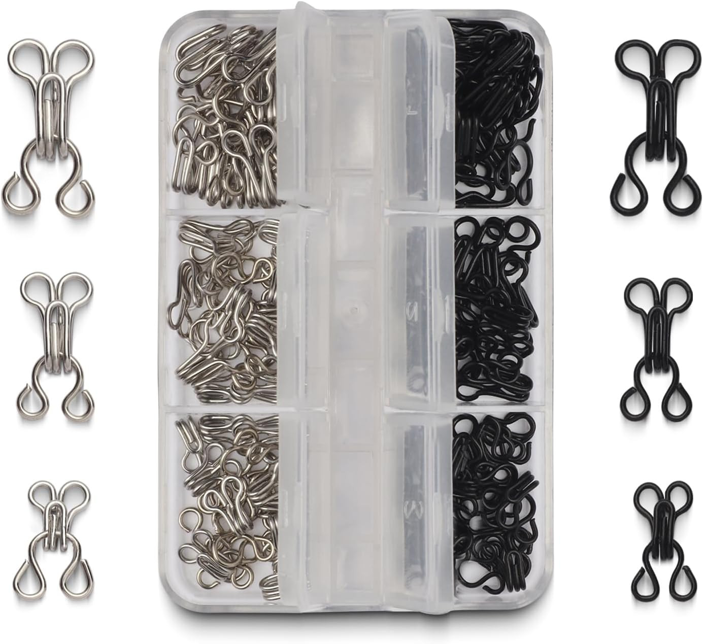 72 Pairs Hook and Eye Sewing Kit Black Silver Bra Hooks 3 Sizes Box Set