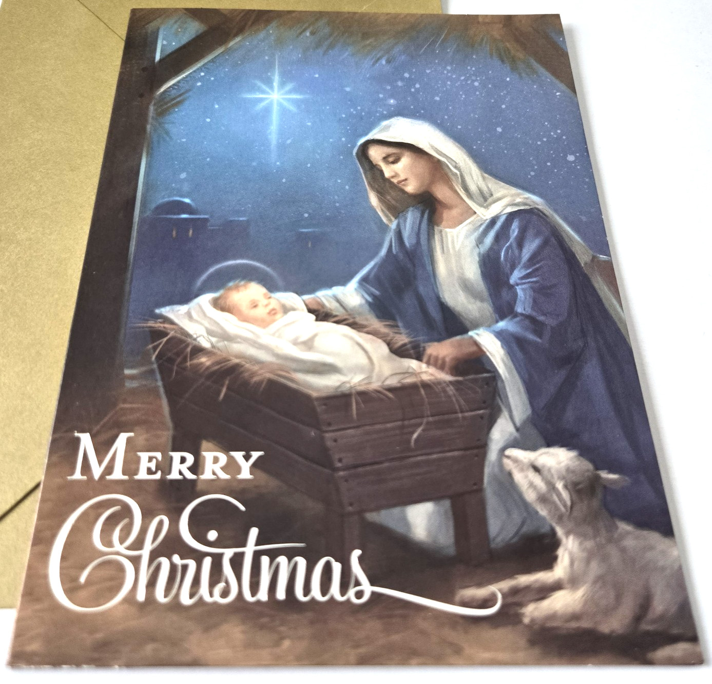 Christmas Card Mary with Baby Jesus in Manger with Lamb in Stable Bethlehem Star