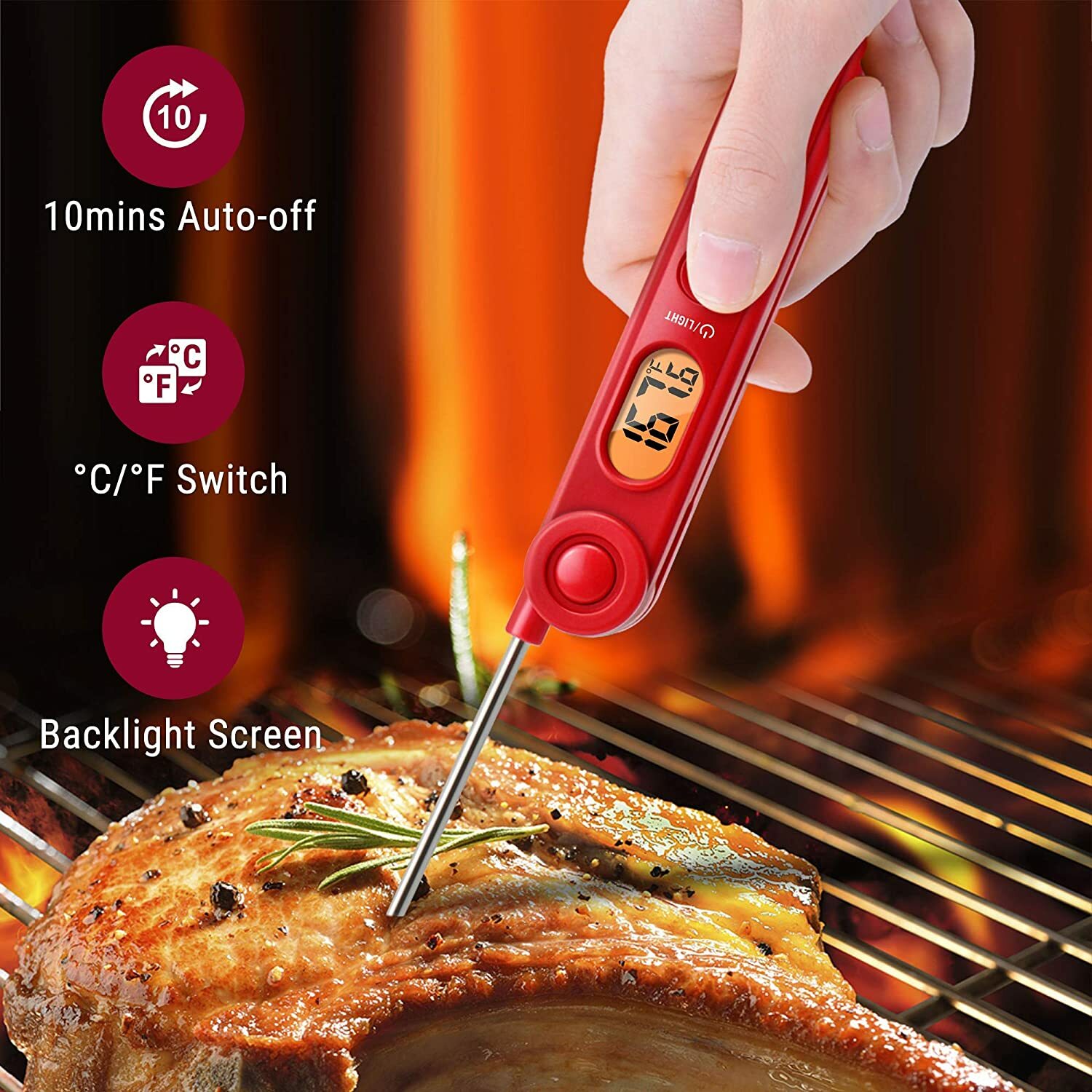 ThermoPro TP03B Digital Instant Read Meat Thermometer Backlight & Magnet BBQ Red