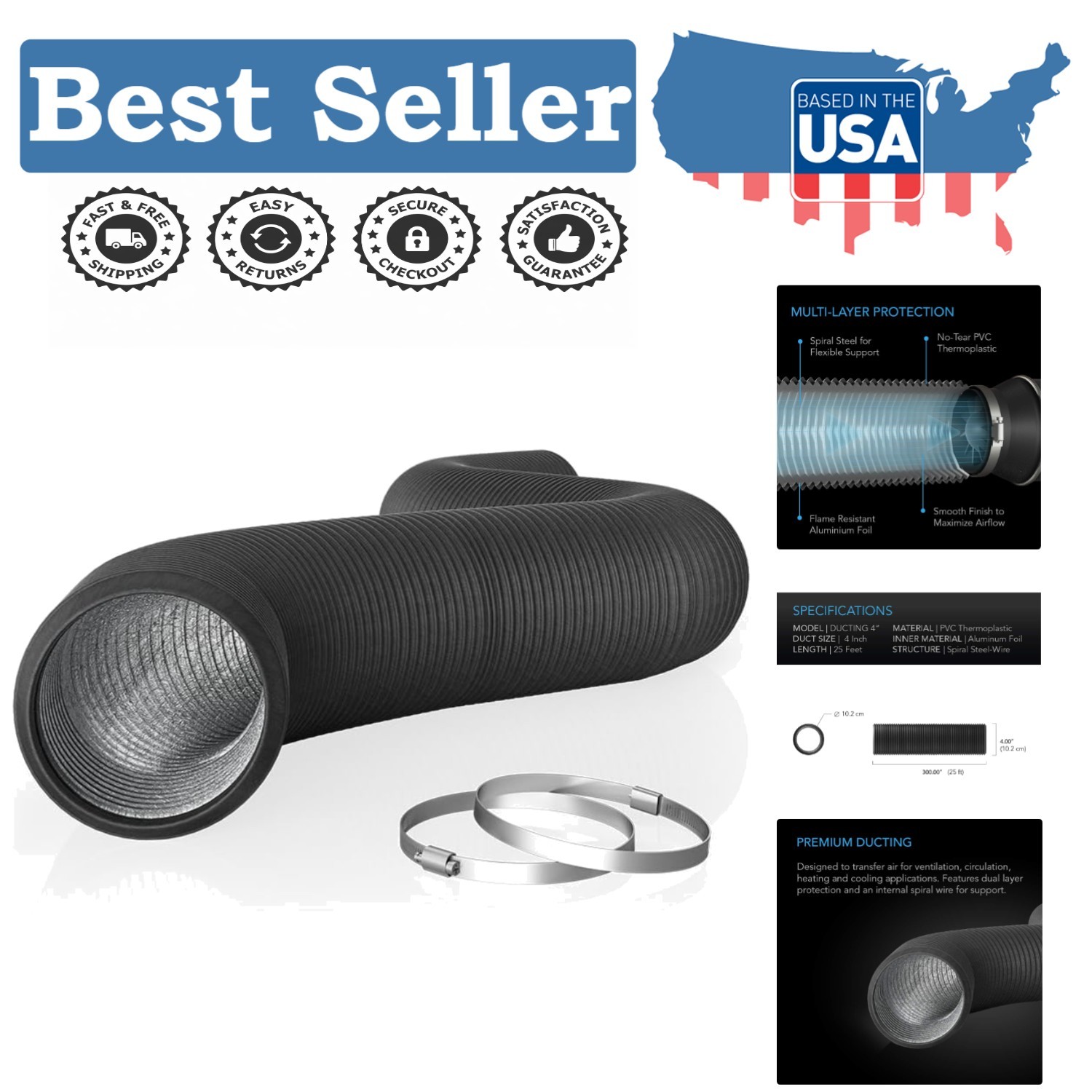 Durable 25ft 4-Inch Aluminum Ducting - Ideal for Ventilation & Exhaust Needs
