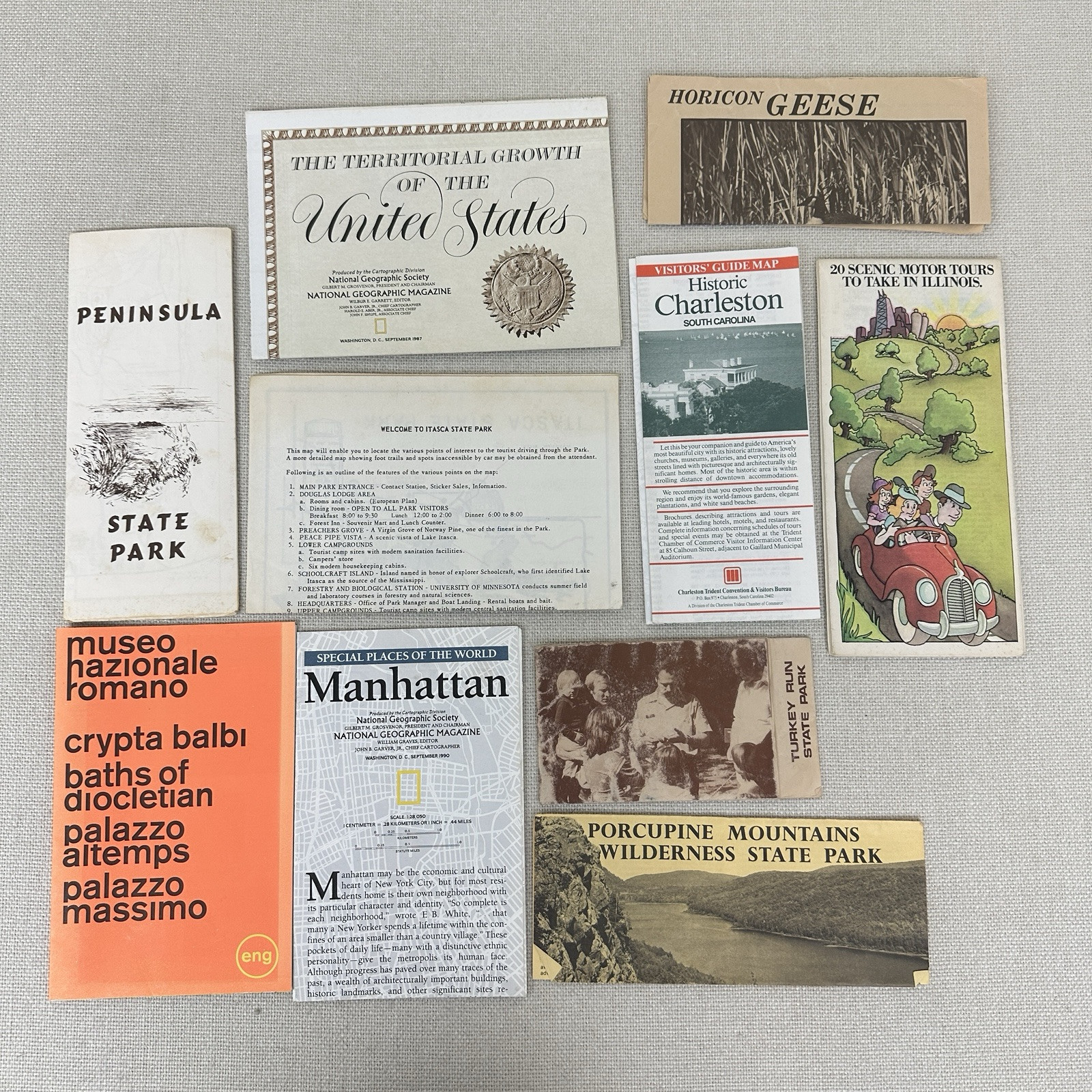 Vintage Park and Tourist Map Guides, Wisconsin, S Carolina, Illinois, Italy, NY