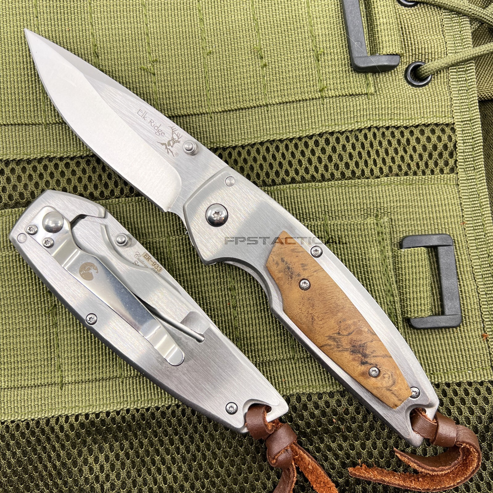 Elk Ridge Brushed Silver Manual Folding Pocket Knife w Wooden Overlay 3.5"