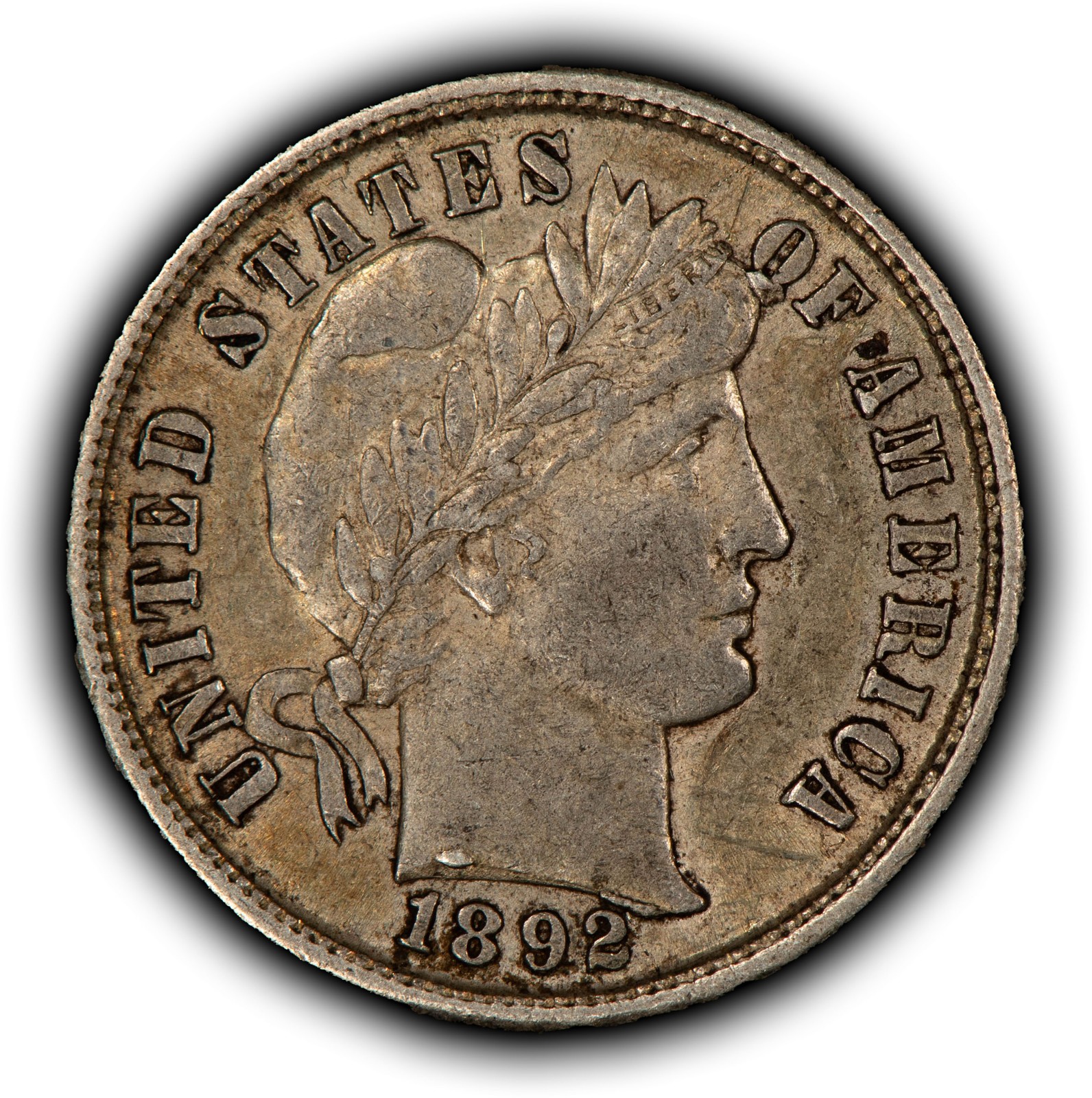 1892 10c Silver Barber Dime - Die Break Neck - Original` XF+/AU - SKU-Y6638