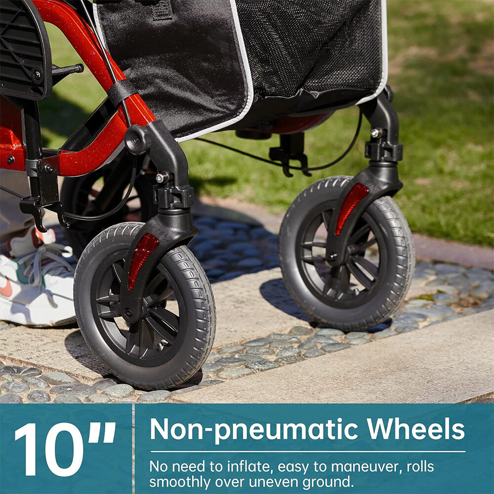 10” Deluxe ELENKER Rollator Walker Medical Aid Wheelchair Transport Stand up Red