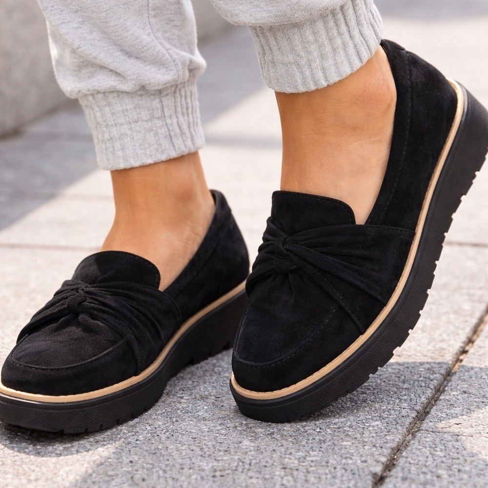 Clarks Collection Black Suede Platform Loafers Bow Detail 7M
