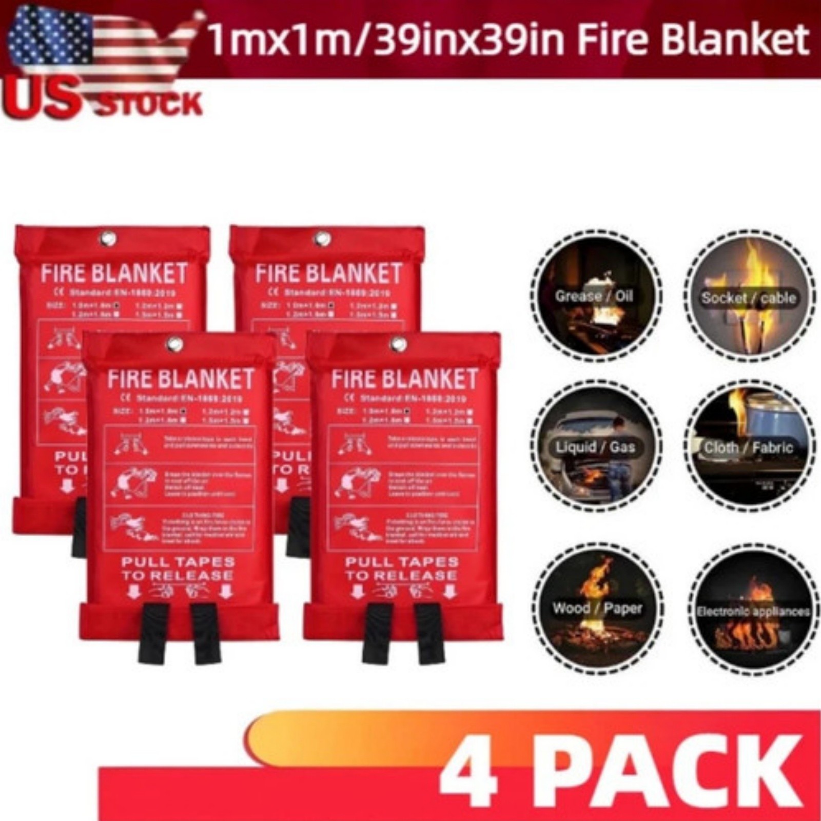 4-PACK FIRE BLANKET Fiberglass Hero 39''x39'' Emergency Home Retardant Prepared