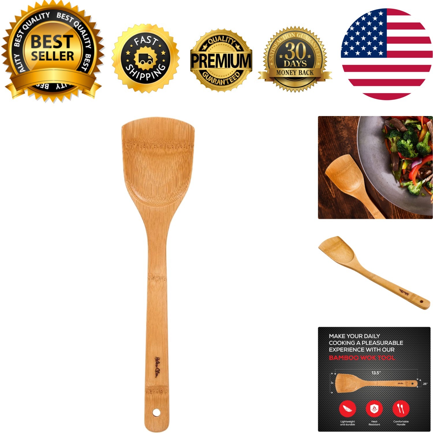 Sustainable 13.5" Bamboo Stir Fry Spatula - Perfect for Non-Stick Cookware