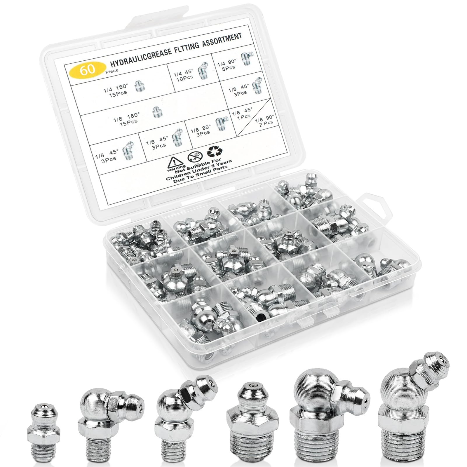 60Pcs Grease Fittings Kit, 1/4 & 1/8 Inch BSP 1/4, 1/8, steel color