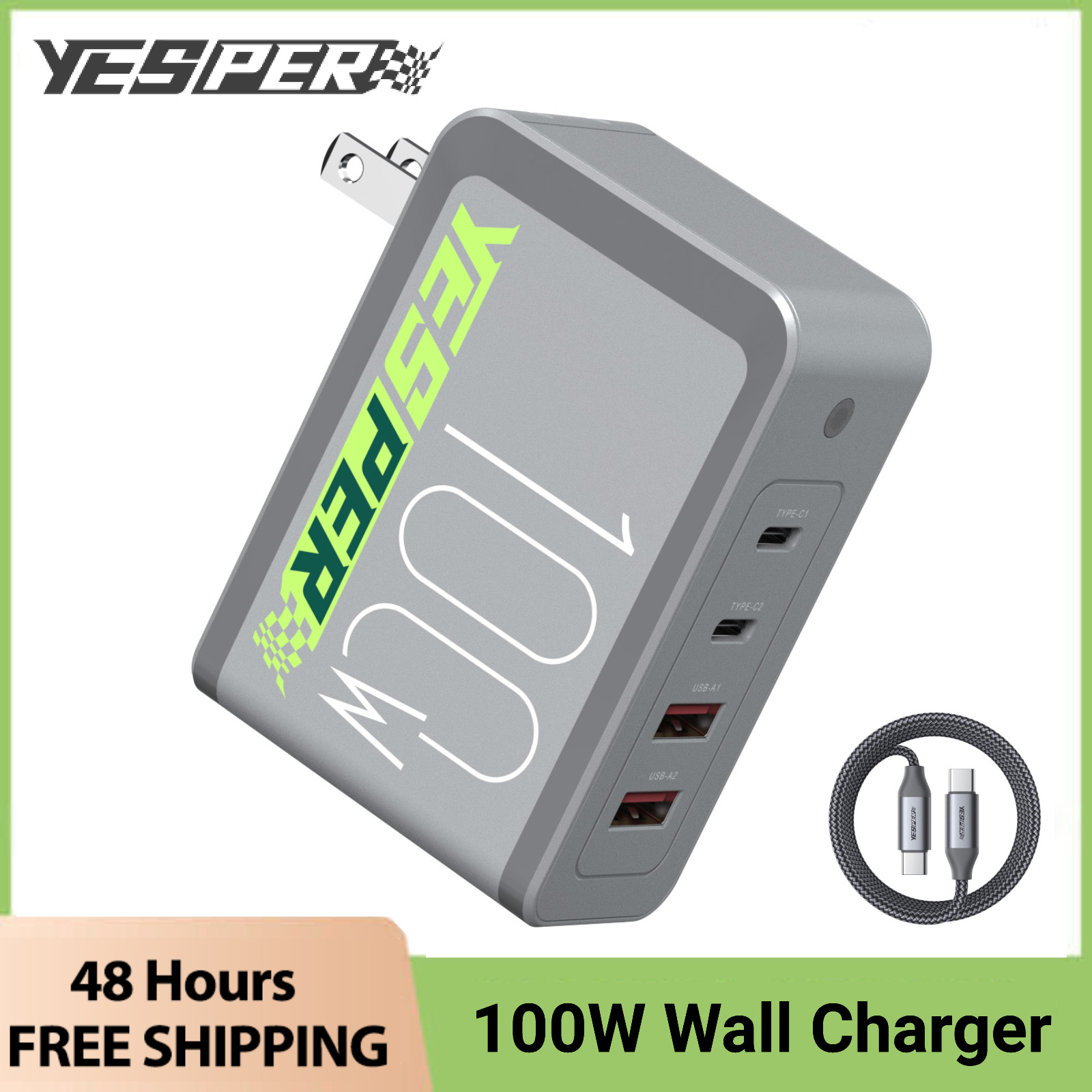 100W USB-C Wall Charger 4-Ports GaN Tech Fast Charging+5ft USB-C Cable