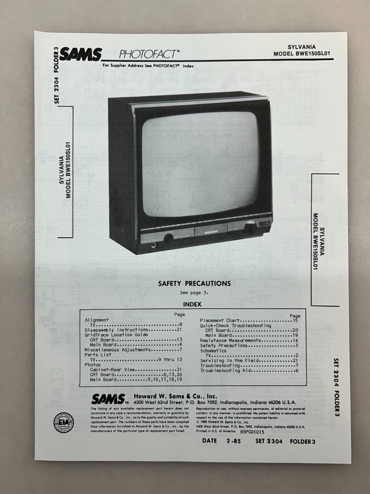 Sylvania BWE150SL01 Service Manual Sams Photofact Free Shipping