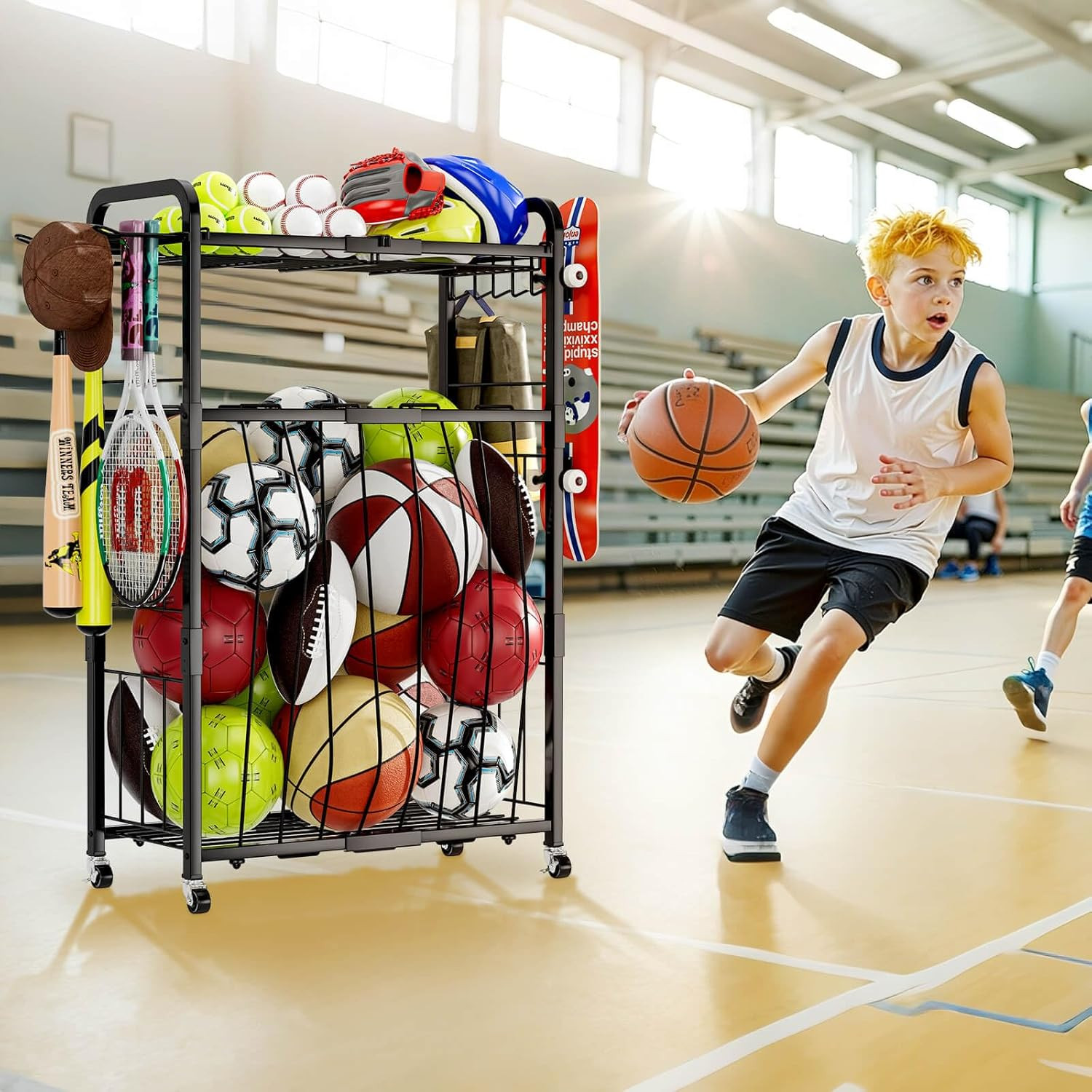 Garage Ball Storage Rack - Sports Equipment Organizer with Wheels, Rolling Sport