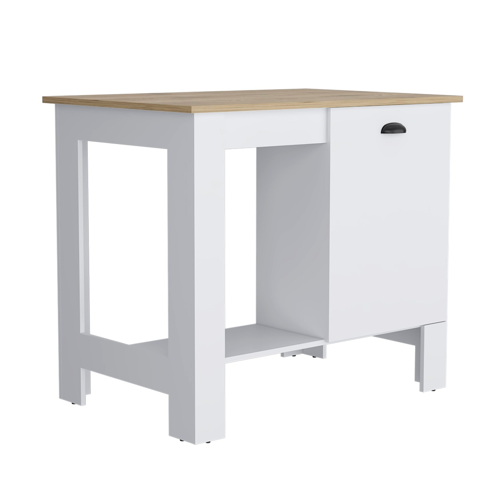 A kitchen island with a door + two internal shelves + an open storage rack