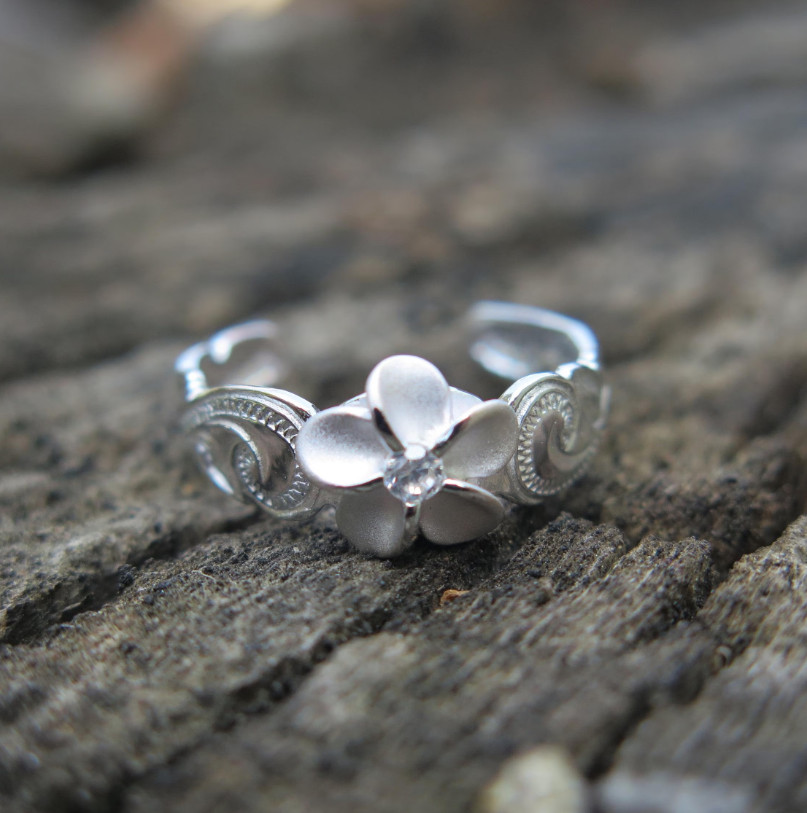 925 Sterling Silver Hawaii Flower Plumeria Hawaiian Scroll 6mm Band Toe Ring
