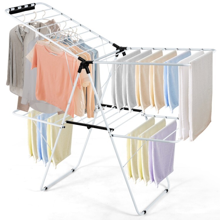 Costway Foldable 2-Level Steel Clothes Drying Rack w/ Height-Adjustable Gullwing