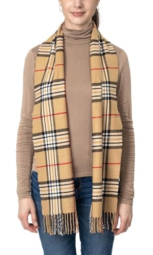 Cashmere Feel Tartan Plaid Scarf - Classic Winter Scarf for Men & Camel Plaid
