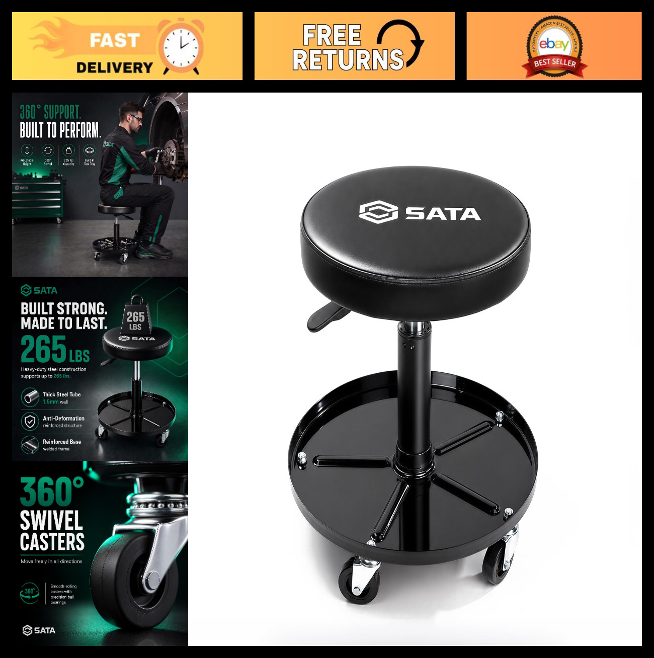 Adjustable Rolling Shop Stool with Wheels, Heavy Duty 265 lbs Capacity, Garage C