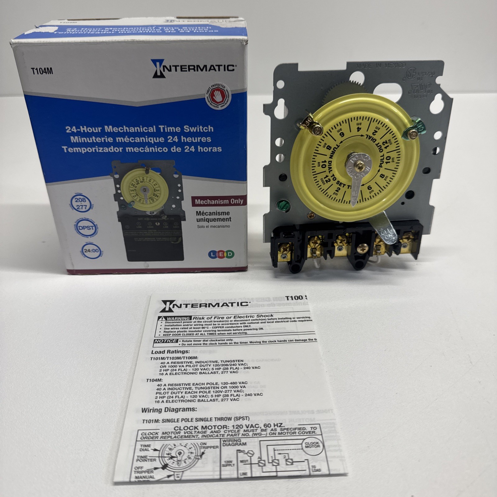 Intermatic T104M 24 Hour Mechanical Timer, Mechanism Only,  208 - 277V, DPST 40A