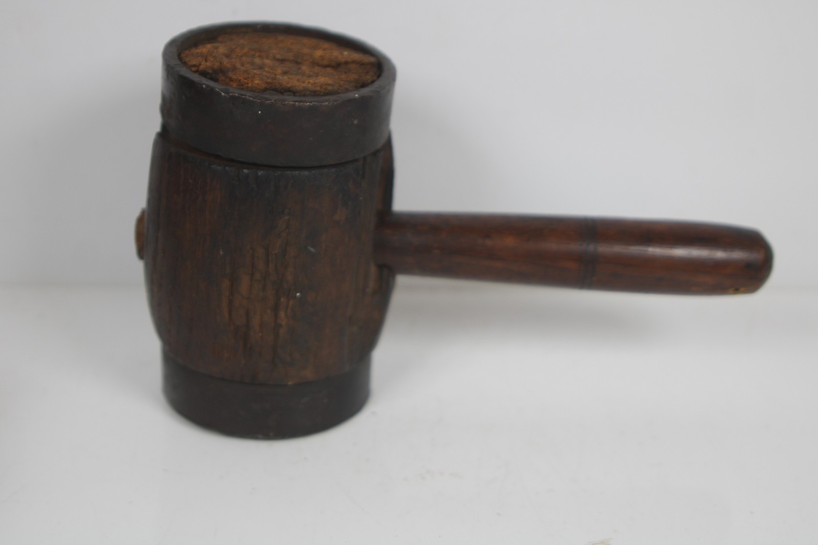 Primitive Rustic 11" Wood Mallet Tool Woodworking Hammer w/Steel Bands Inv#JK65