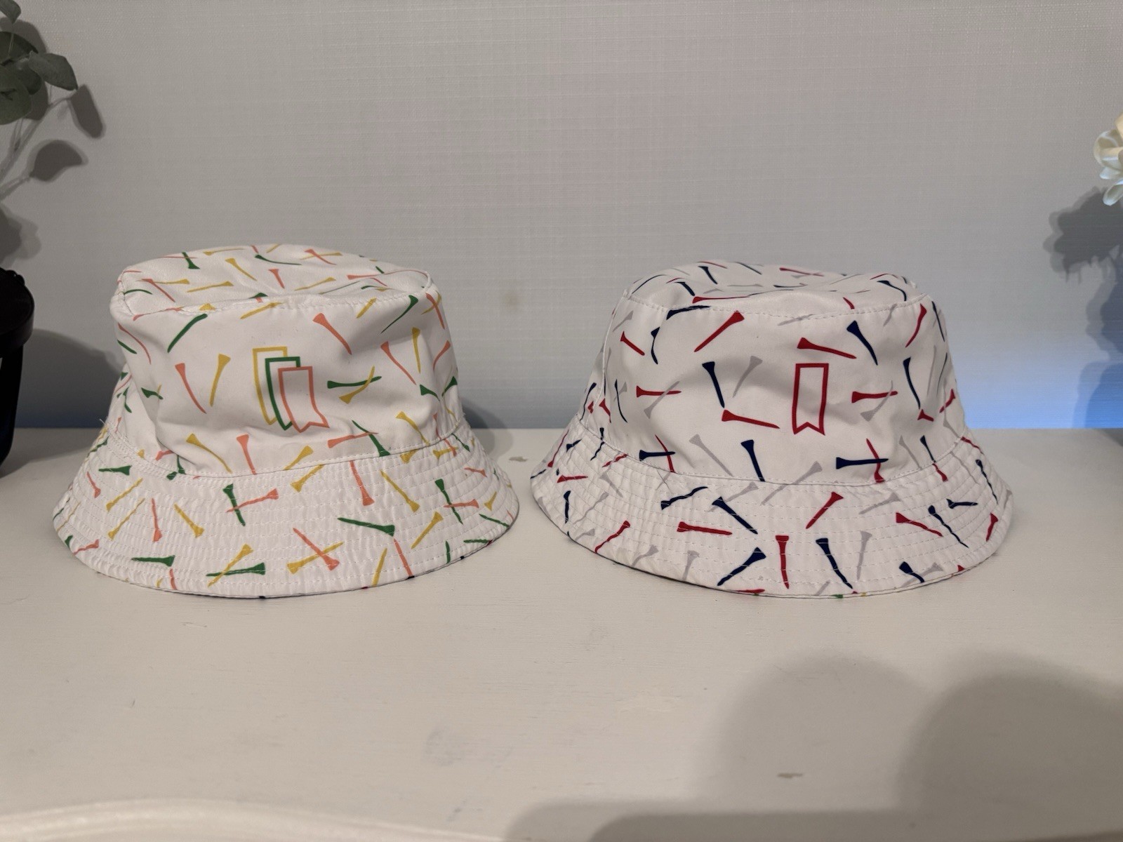 White Bucket Hat With Golf Tee Design Reversible One Size
