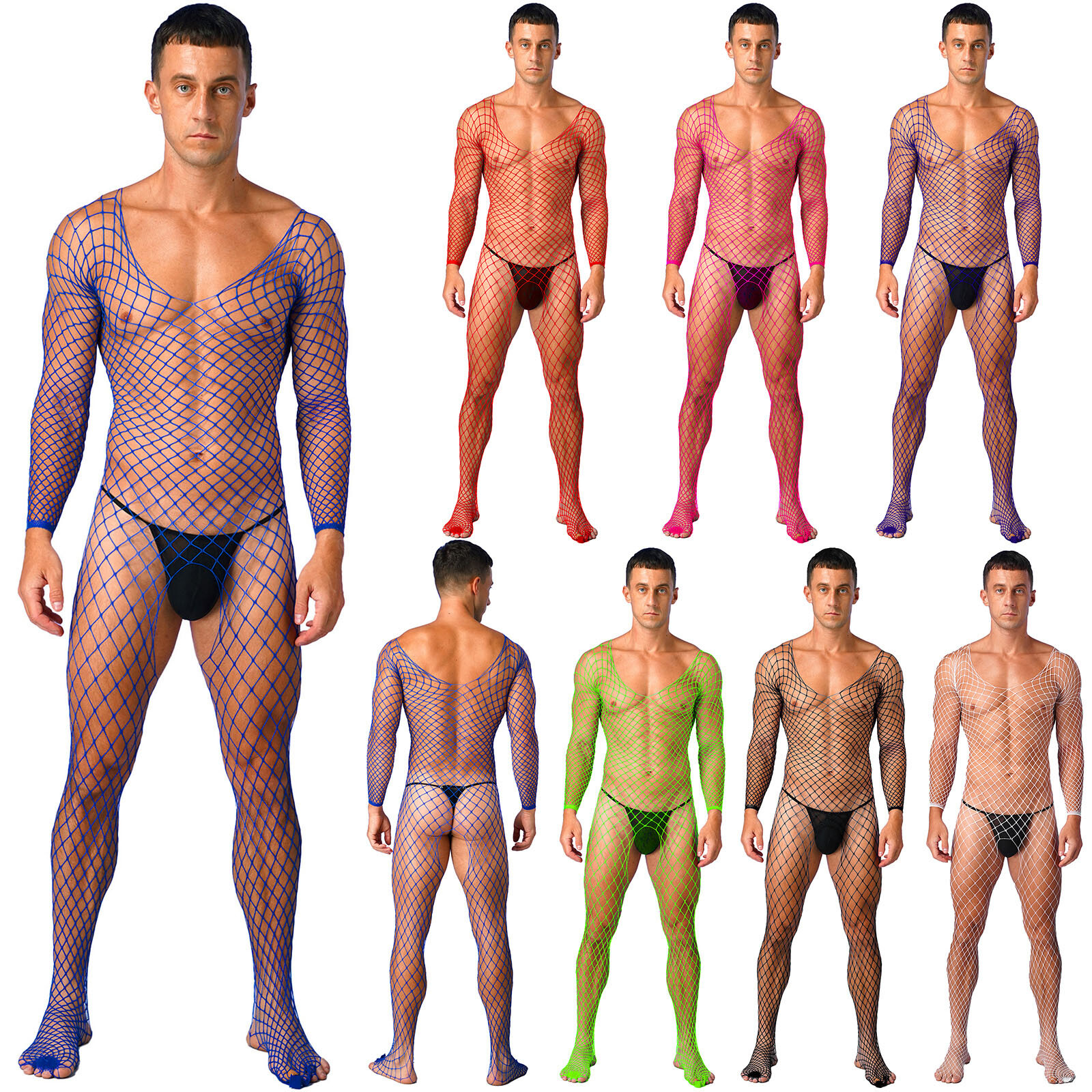 US Men Fishnet Bodysuit Sexys Full Bodystockings Long Sleeve Ultrathin Underwear