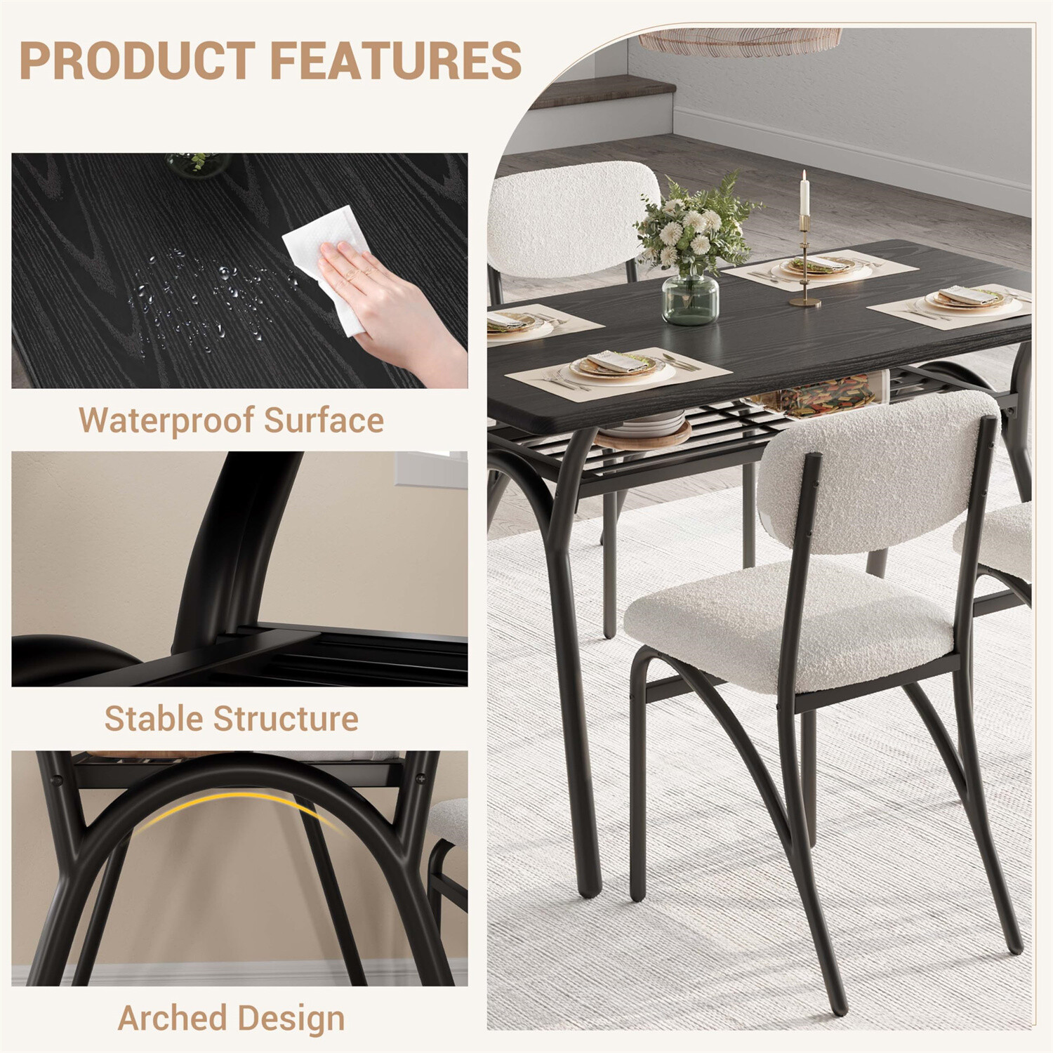 ✅Dining Table Set for 4 Kitchen Table with Boucle Chairs for 4 Modern Rectangula