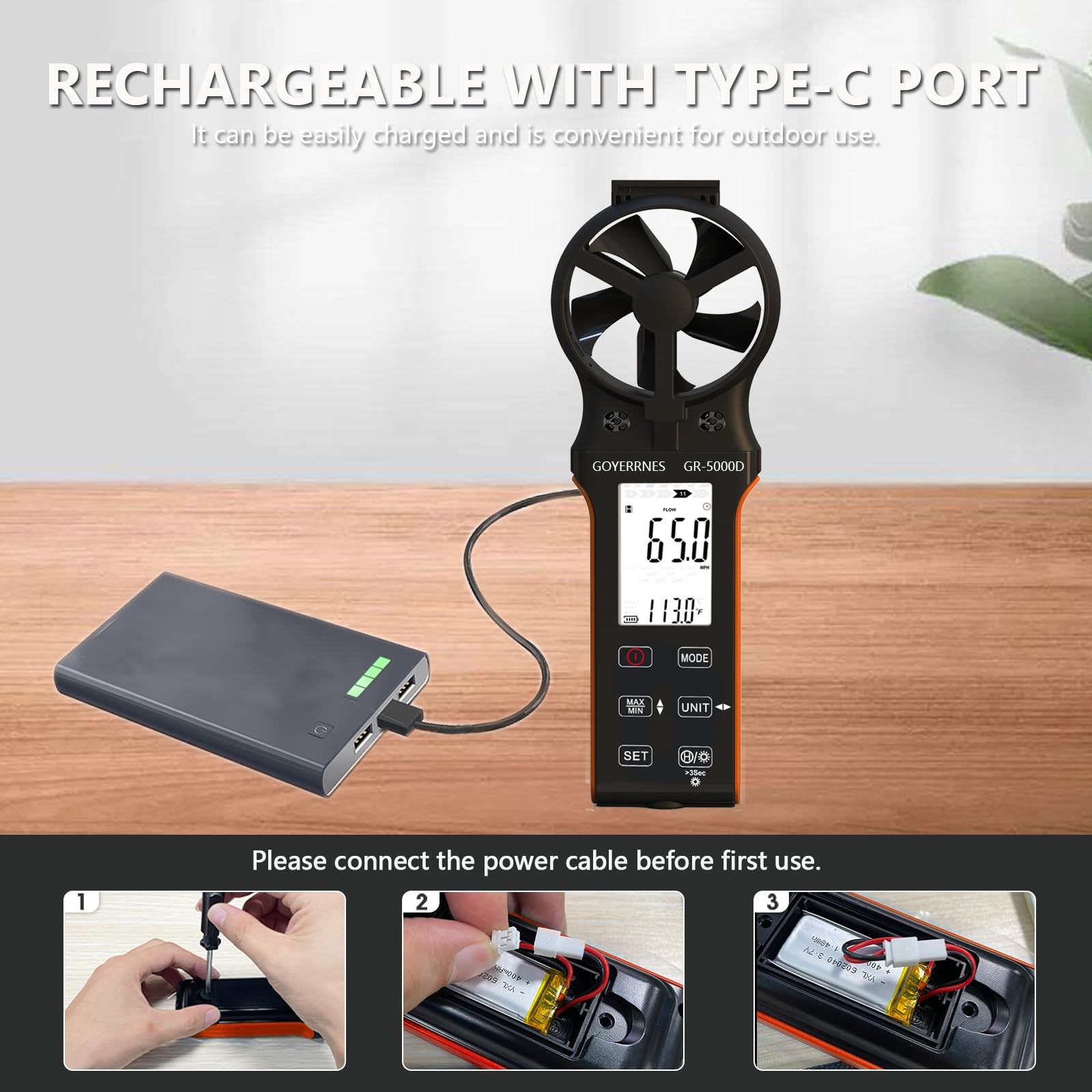 Air Flow & Wind Speed Meter, Handheld CFM Anemometer with Waterproof Touch Bu...