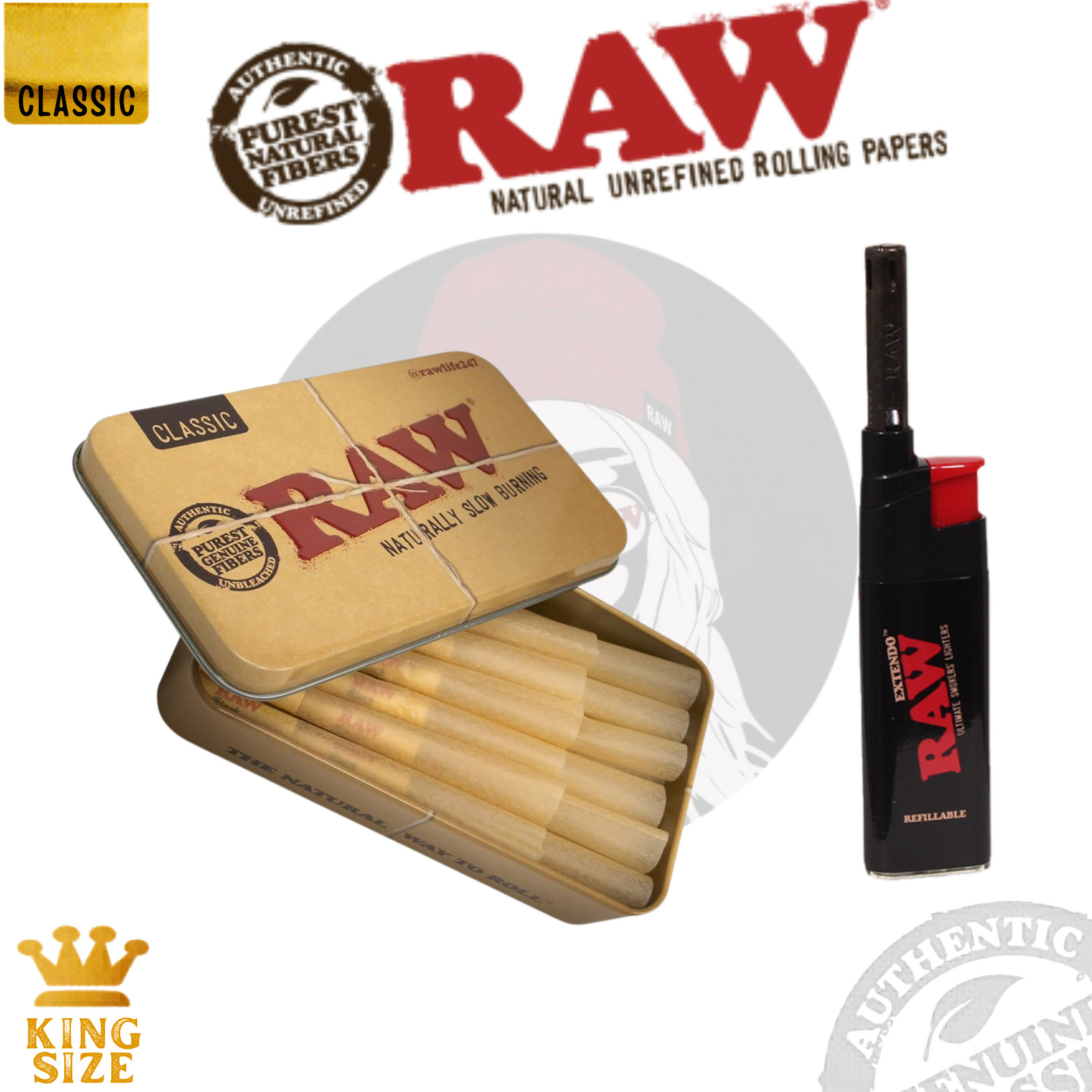 RAW Classic Cones King Size – 15ct  RAW Metal Case + Extendo RAW Lighter