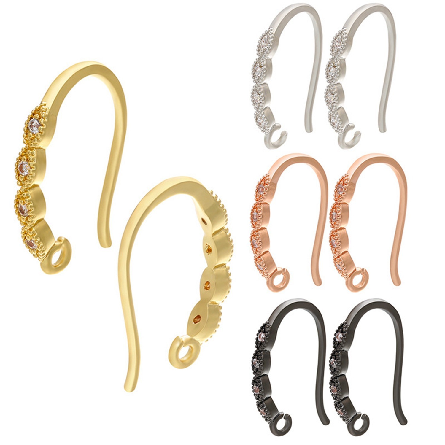 2Pairs 18K Gold/Rhodium Plated Brass CZ Pave Earrings Component Hook GZK22