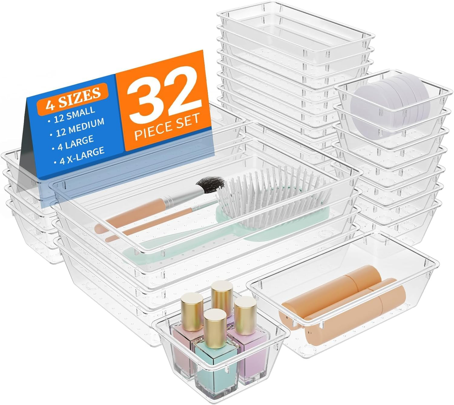 32 PCS Clear Plastic Drawer Organizer Set  4 Size Vanity Organizer