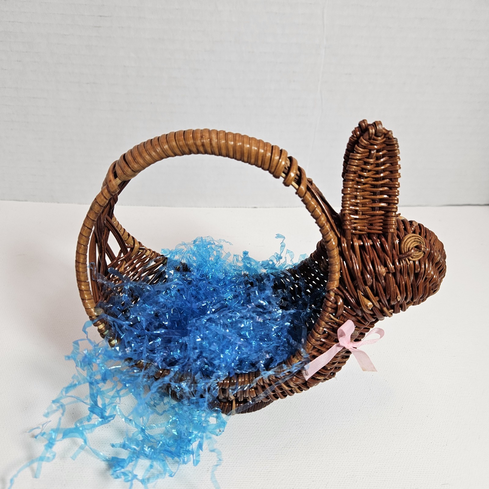 Vintage Small Easter Bunny Brown Wicker Basket 6" With Pink Bow