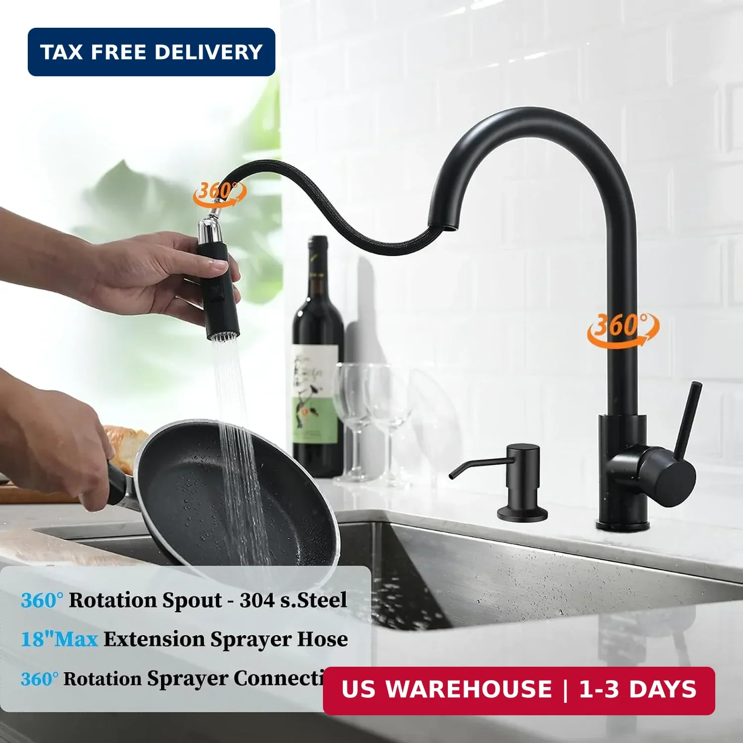 Black Kitchen Faucet with Pull Down Sprayer, High Arc Stainless Steel Mate
