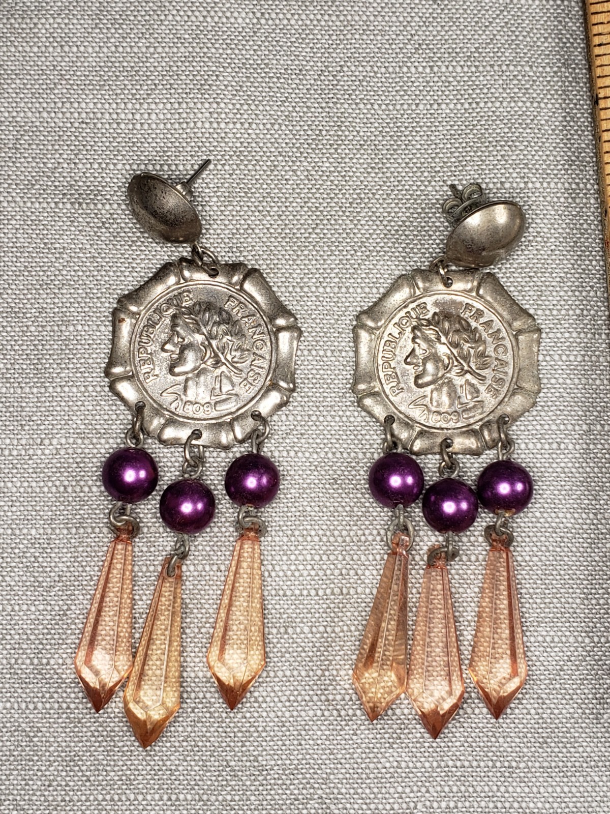 Republique Francais Earrings Pierced Simulated Coin Dangle C54
