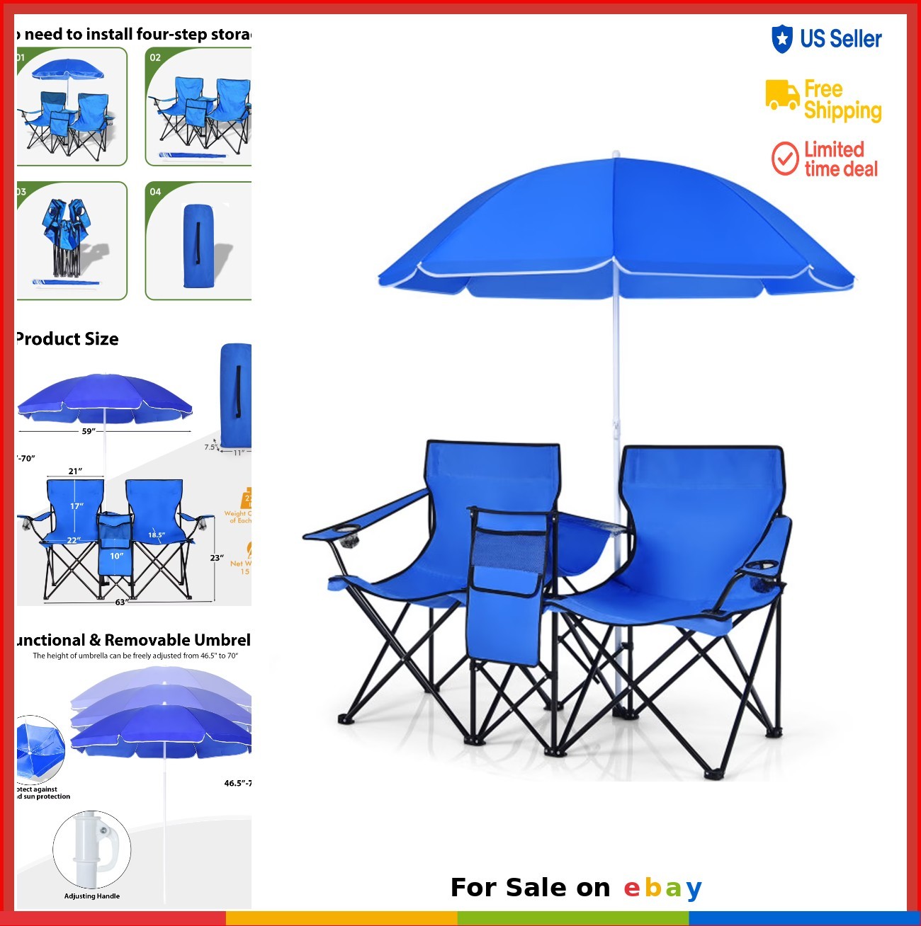 Portable Folding Picnic Double Chair With Removable Umbrella Blue