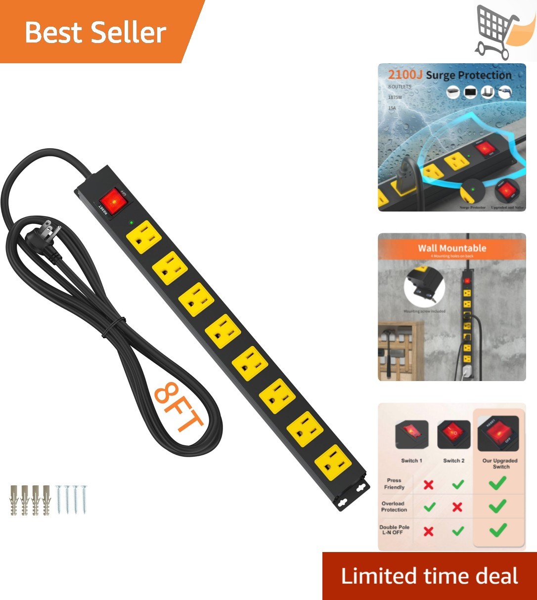 8 Outlet Power Strip Surge Protector Heavy Duty Extension Cord Wall Mount