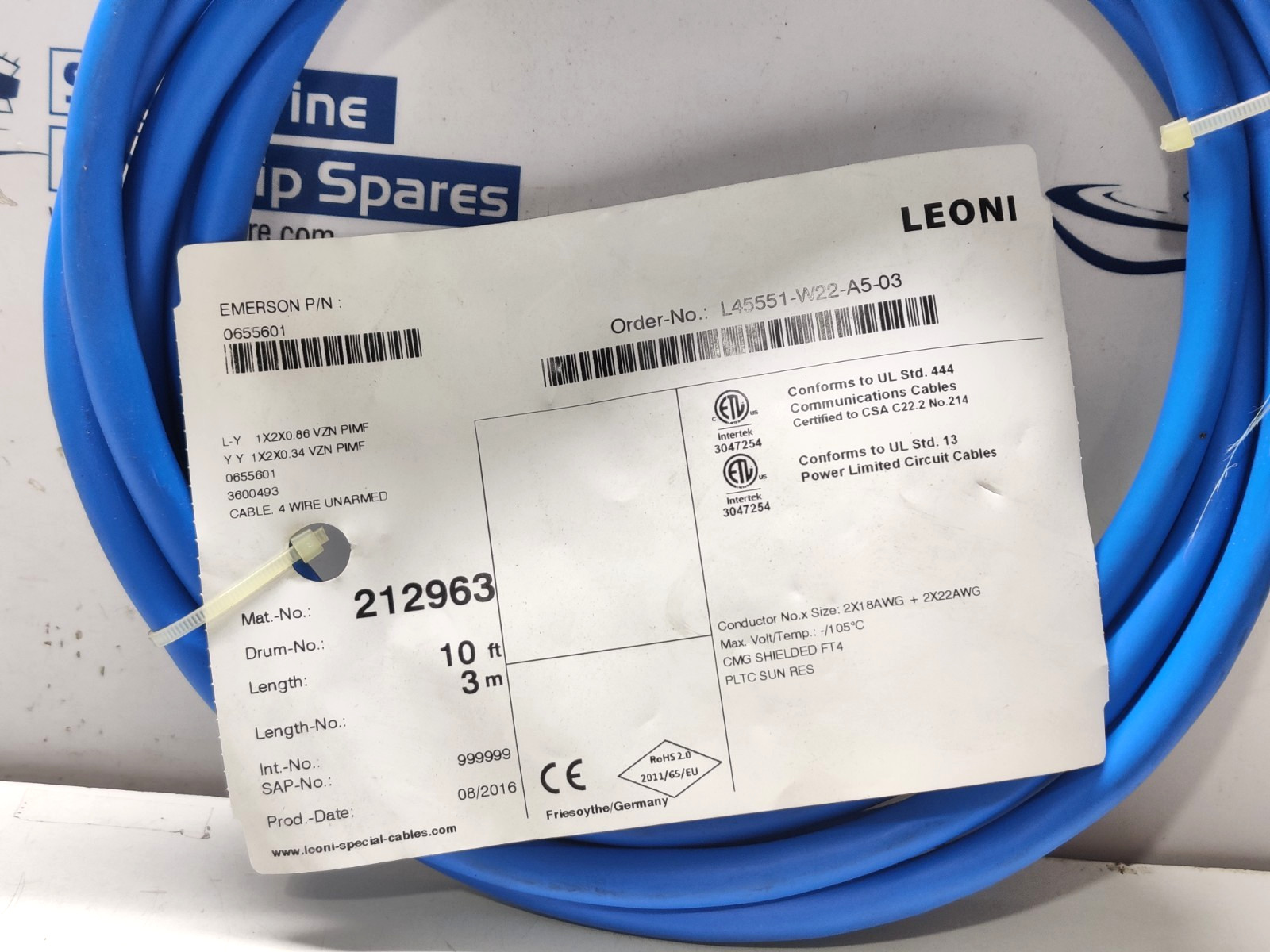 Emerson 0655601 Shielded Cable, 4 Wire PLTC 10ft Leoni