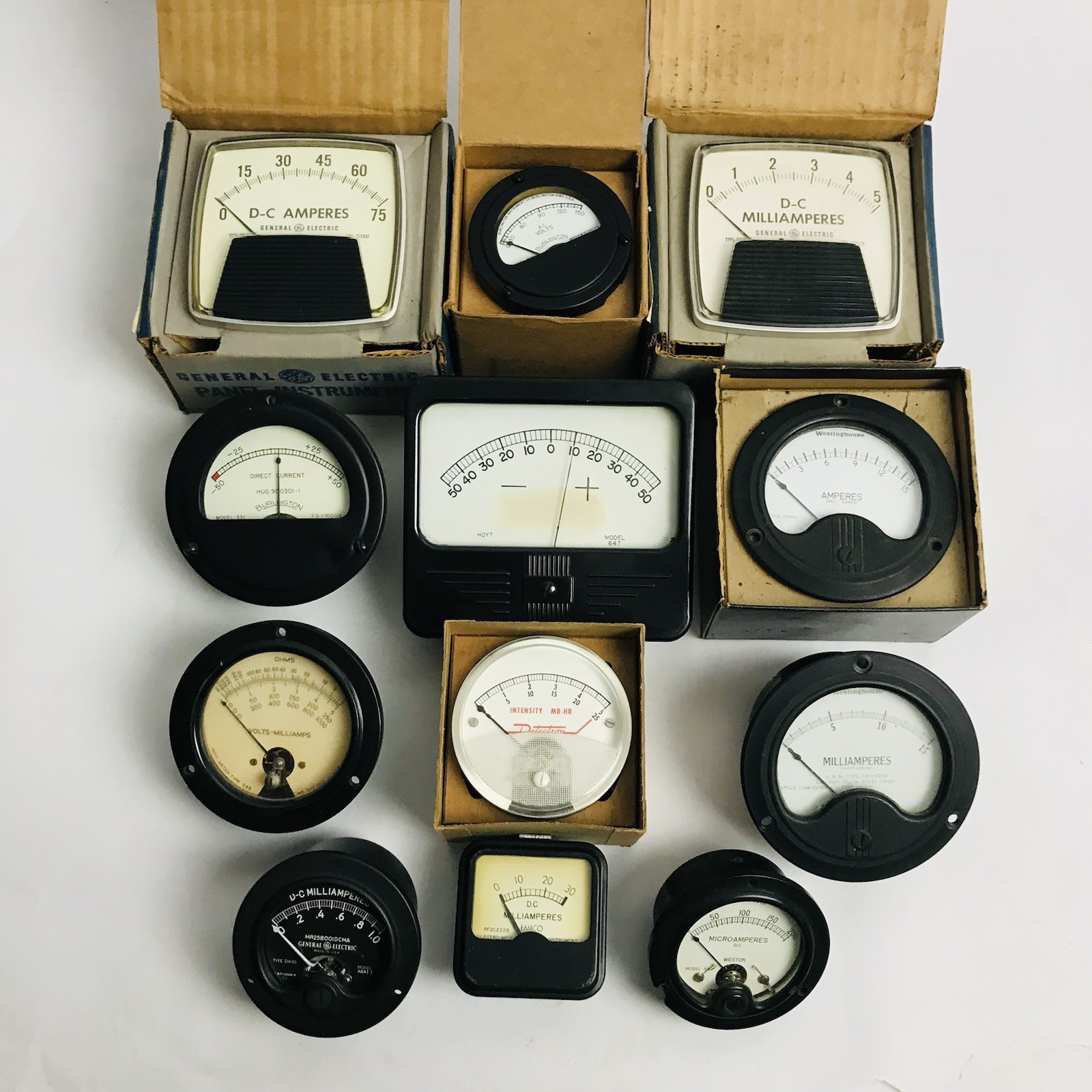 Lot Of 12 VTG Meters DC Volts Amperes mA General Electric Westinghouse Hoyt Etc