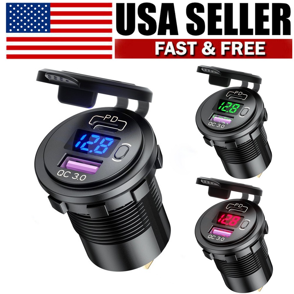 12V QC3.0 Dual USB Car Fast Charger Socket LED Voltmeter Waterproof Power Outlet