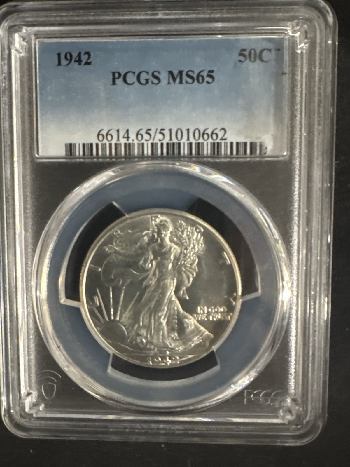 1942 Walking Liberty Half Dollar, PCGS MS65, regular Philadelphia