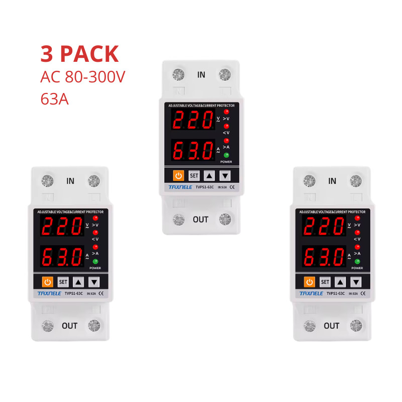 3 Pack 110V 63A Adjustable Voltage Protector Over Under Voltage Relay DIN Rail